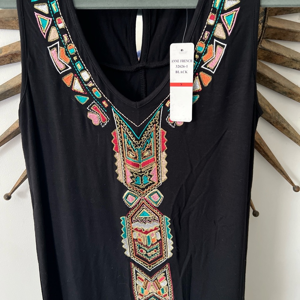 Anne French Beautiful Black Tank With Aztec Style Embroidery